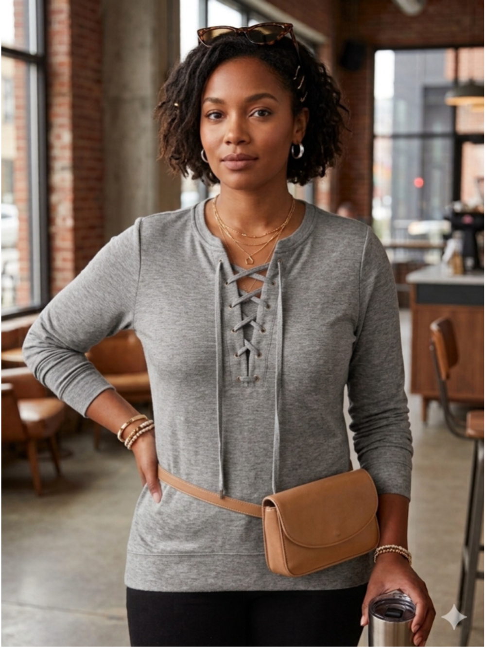 White House Black Market Women’s Grey Lace-Up Sweatshirt Size M 1950
